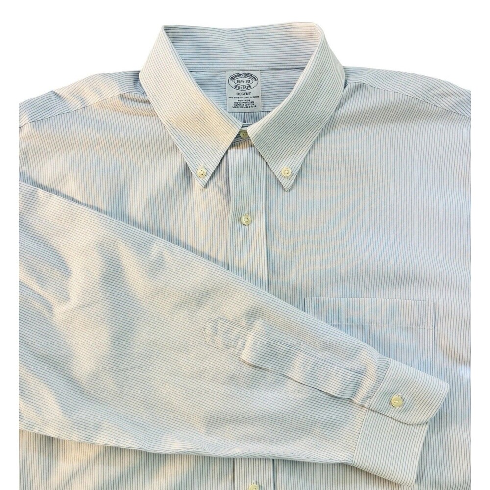 Brooks Brothers Regent Dress Shirt Mens 16.5 33 Blue Stripe Non-Iron 100% Cotton
